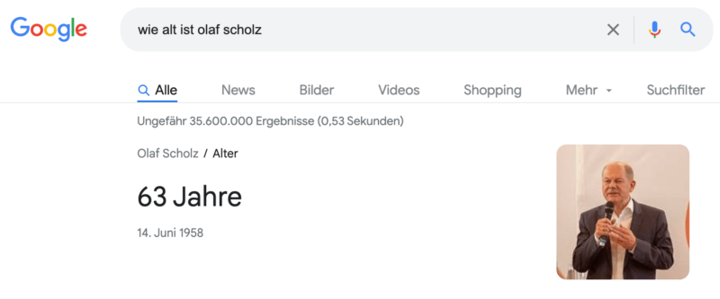 Suchanfrage "Wie alt ist Olaf Scholz?"