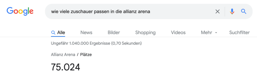 Suchanfrage "Wie viele Zuschauer passen in die Allianz-Arena" bei Google