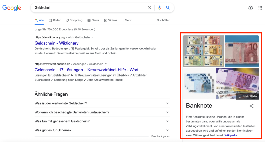 Google Suche nach "Geldschein"