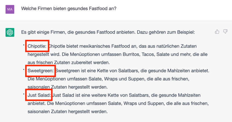 Frage an die KI nach Fastfood