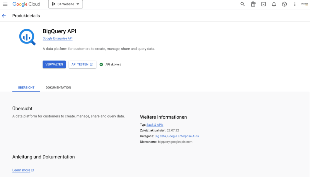 BigQuery API aktivieren