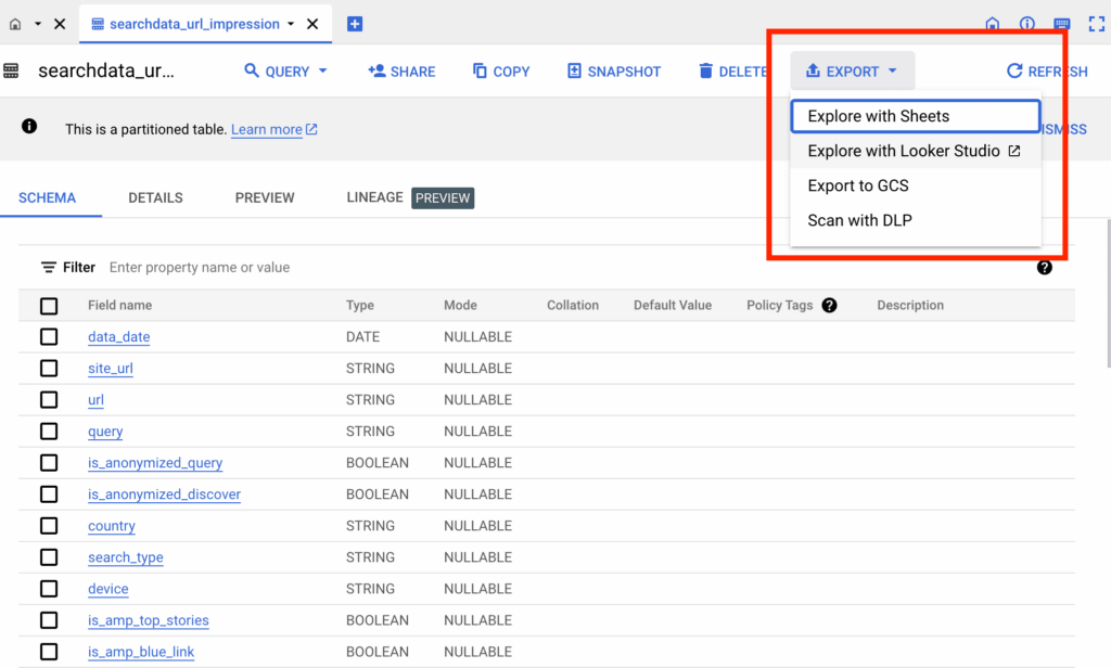 Export-Optionen in BigQuery