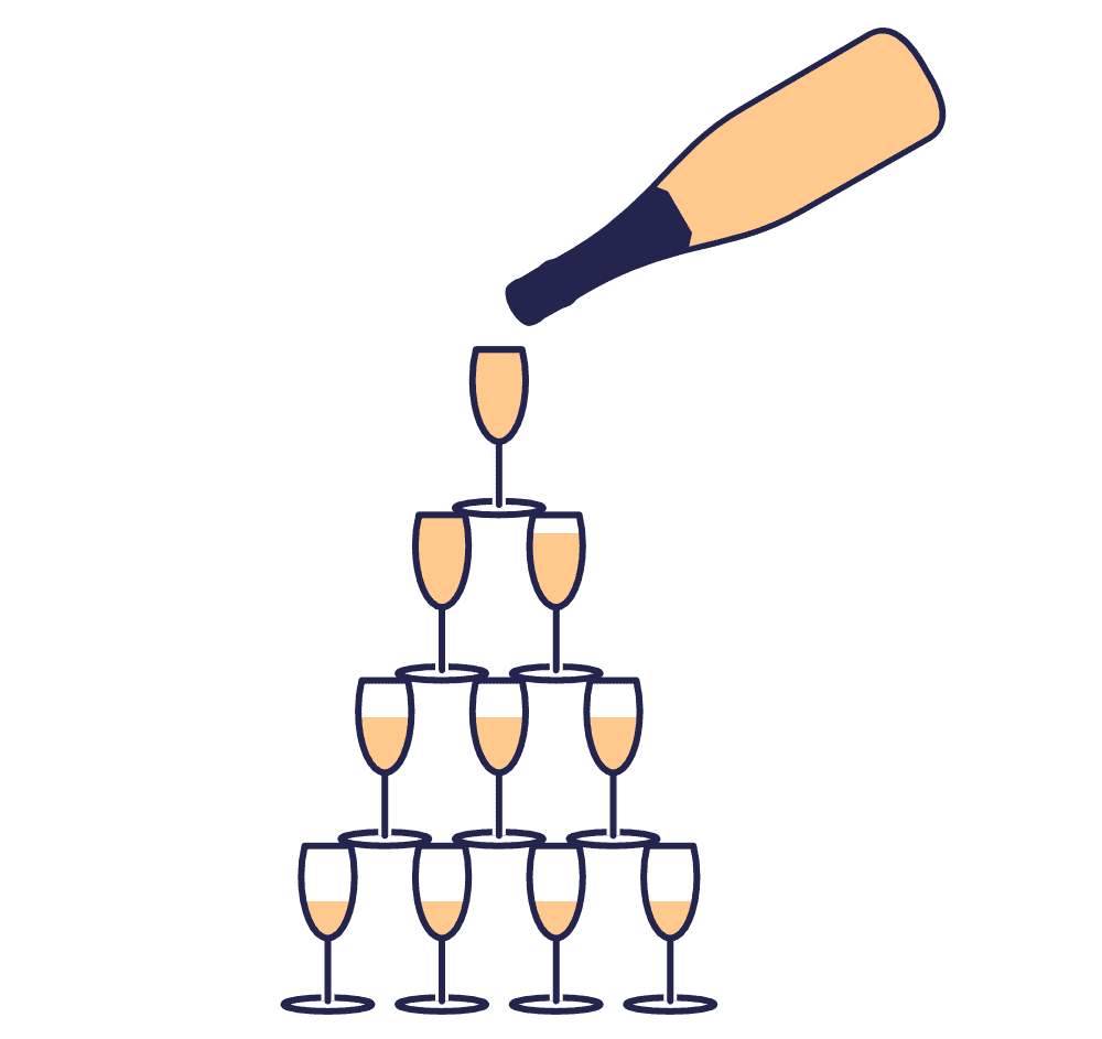 Das Bild zeigt eine Pyramide aus Sektgläsern mit einer Flasche, die an der Spitze Sekt einschenkt.