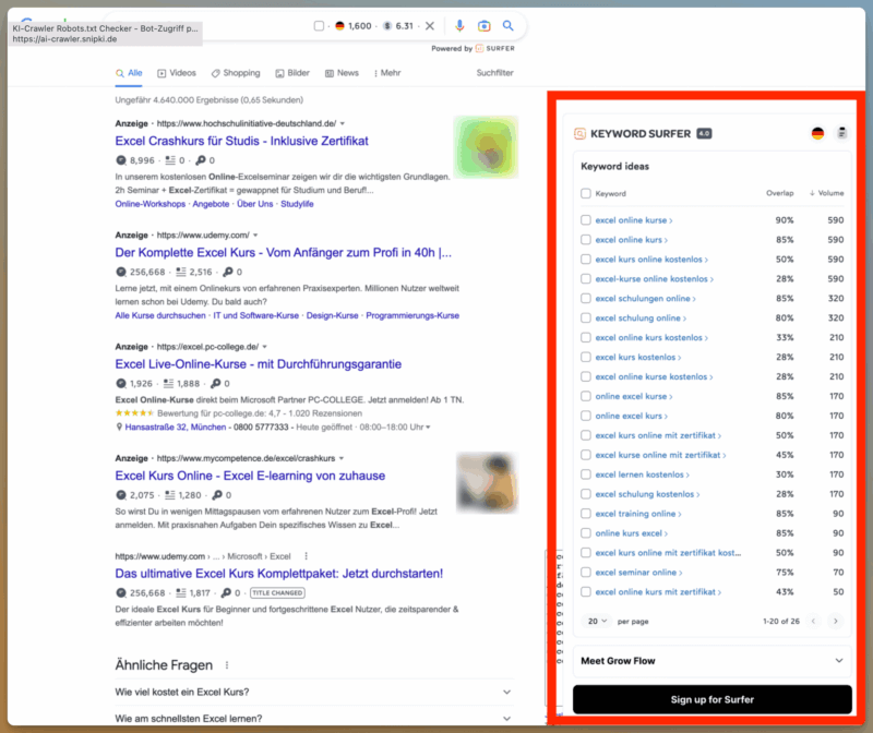 Keywords finden mit dem Browser Addon von SurferSEO