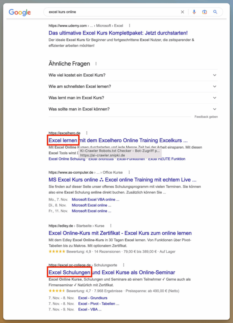 Synonyme in den Suchergebnissen