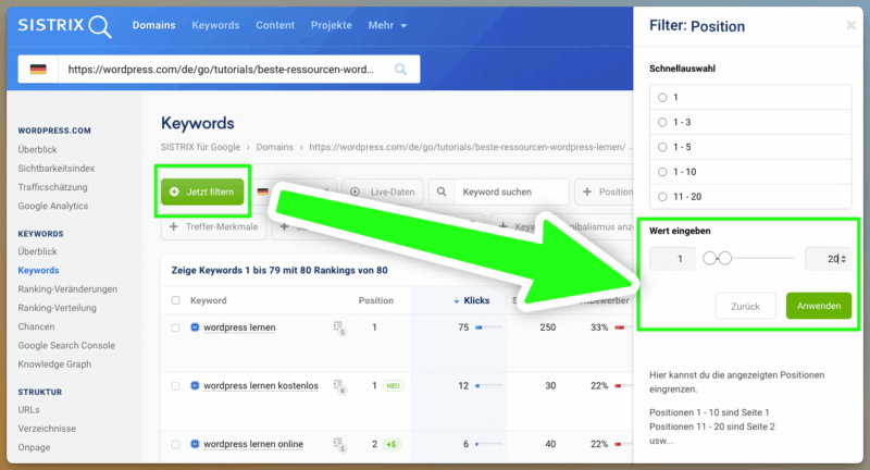 Keyword-Filter in Sistrix