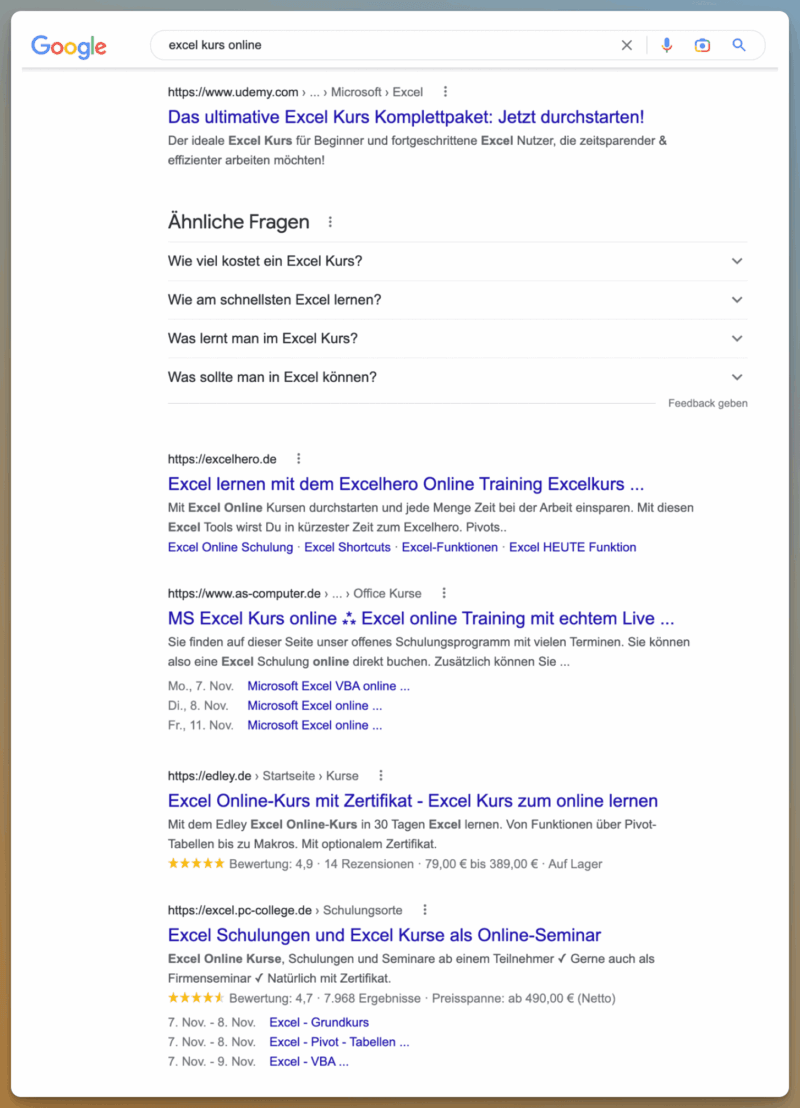 Beispiel einer Suche in Google nach "Excel Kurs Online"