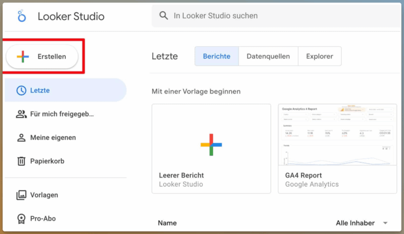 Erstelle ein neues Dashboard in Looker Studio