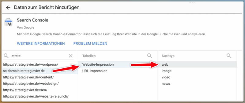 Auswählen der GSC Property in Looker Studio
