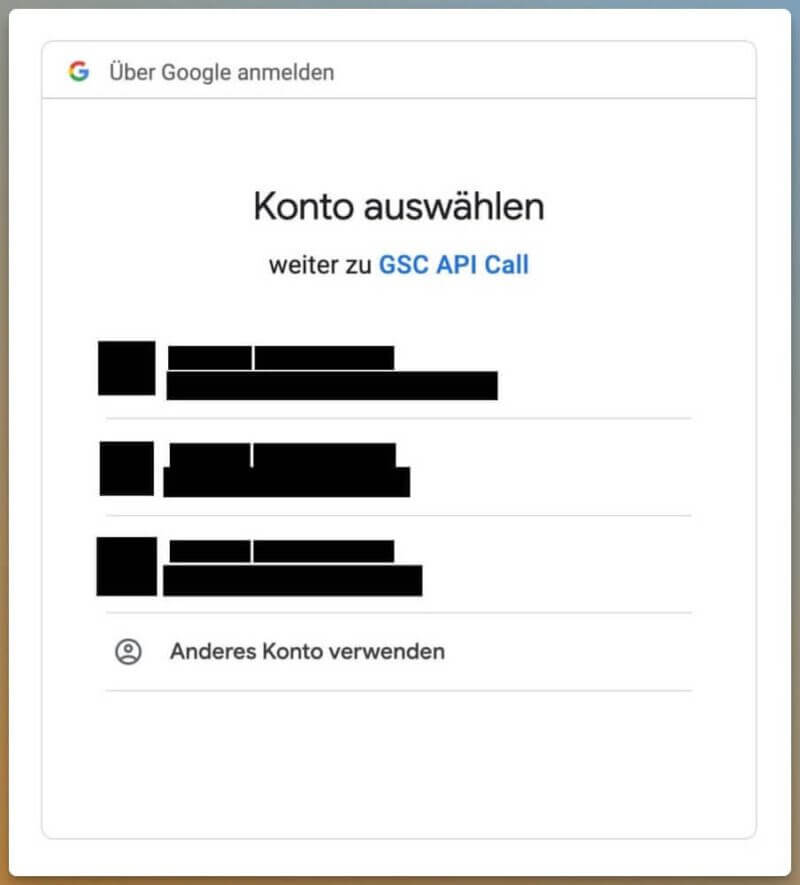 Das ist ein Screenshot einer Anmeldeseite zur Auswahl eines Google-Kontos, wobei persönliche Informationen unkenntlich gemacht wurden.