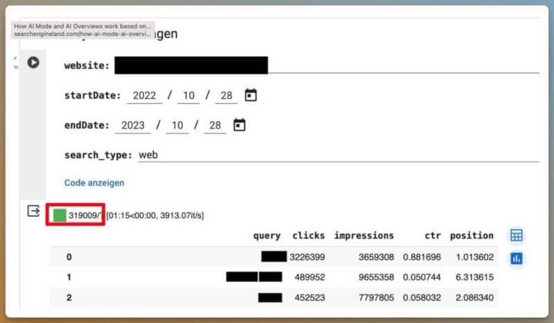 Das Bild zeigt einen Screenshot einer Benutzeroberfläche,  eines SEO-Tools, mit Suchanfragedaten wie Klicks, Impressionen, CTR und Position.