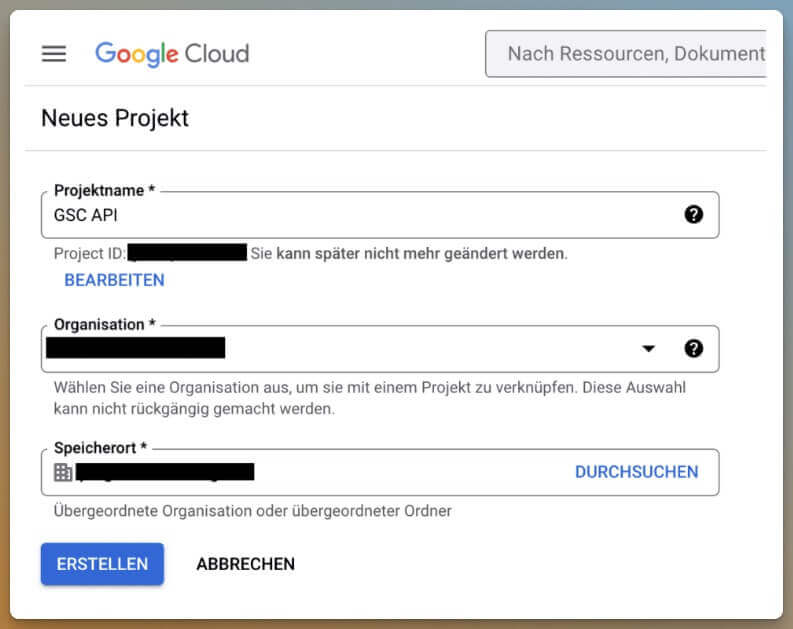 Google Cloud Projekt Anlegen