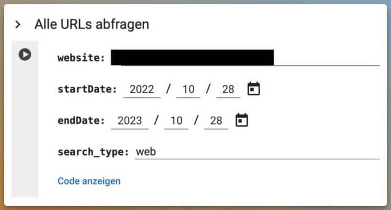 Das Bild zeigt eine Benutzeroberfläche mit Feldern zur Eingabe einer Website, eines Startdatums und eines Enddatums, vermutlich zur Abfrage von URLs aus einem bestimmten Zeitraum.