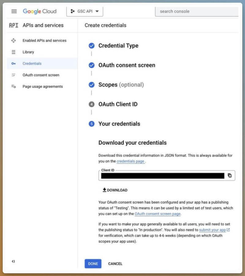 Das Bild zeigt einen Screenshot der Google Cloud Plattform mit offenen Optionen für das Erstellen von Credential-Daten für eine API.