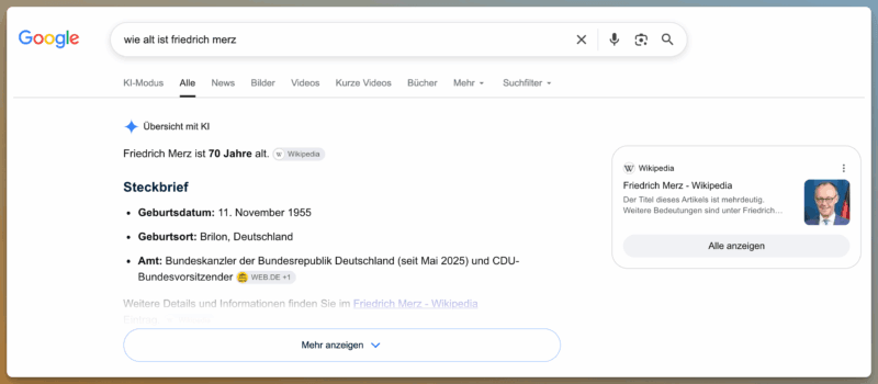 Suchanfrage “Wie alt ist Friedrich Merz”
