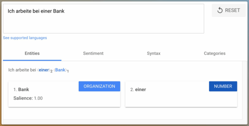 Google NLP API für den Satz „Ich arbeite in einer Bank“
