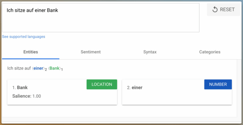 Google NLP API für den Satz „Ich sitze auf einer Bank“
